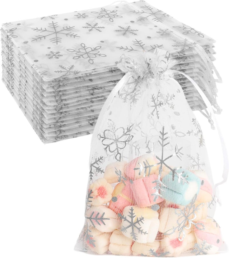 BOEIAC Snowflake Organza Bags, 100 PCS Christmas Sheer Organza Bags with Drawstring 4 x 6 inch, Jewelry Gift Bag, White Small Mesh Goodies Xmas Wedding Favor Mini Candy Pouches Bag for Christmas Party Favors - Image 1